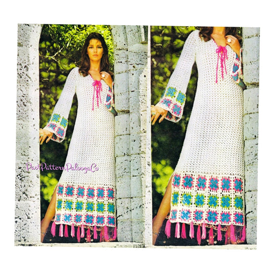 Vintage Crochet Pattern Womens Romantic Medieval Maxi Gown Granny Squares Trim Dress Retro Guinevere Tunic PDF Instant Digital Download
