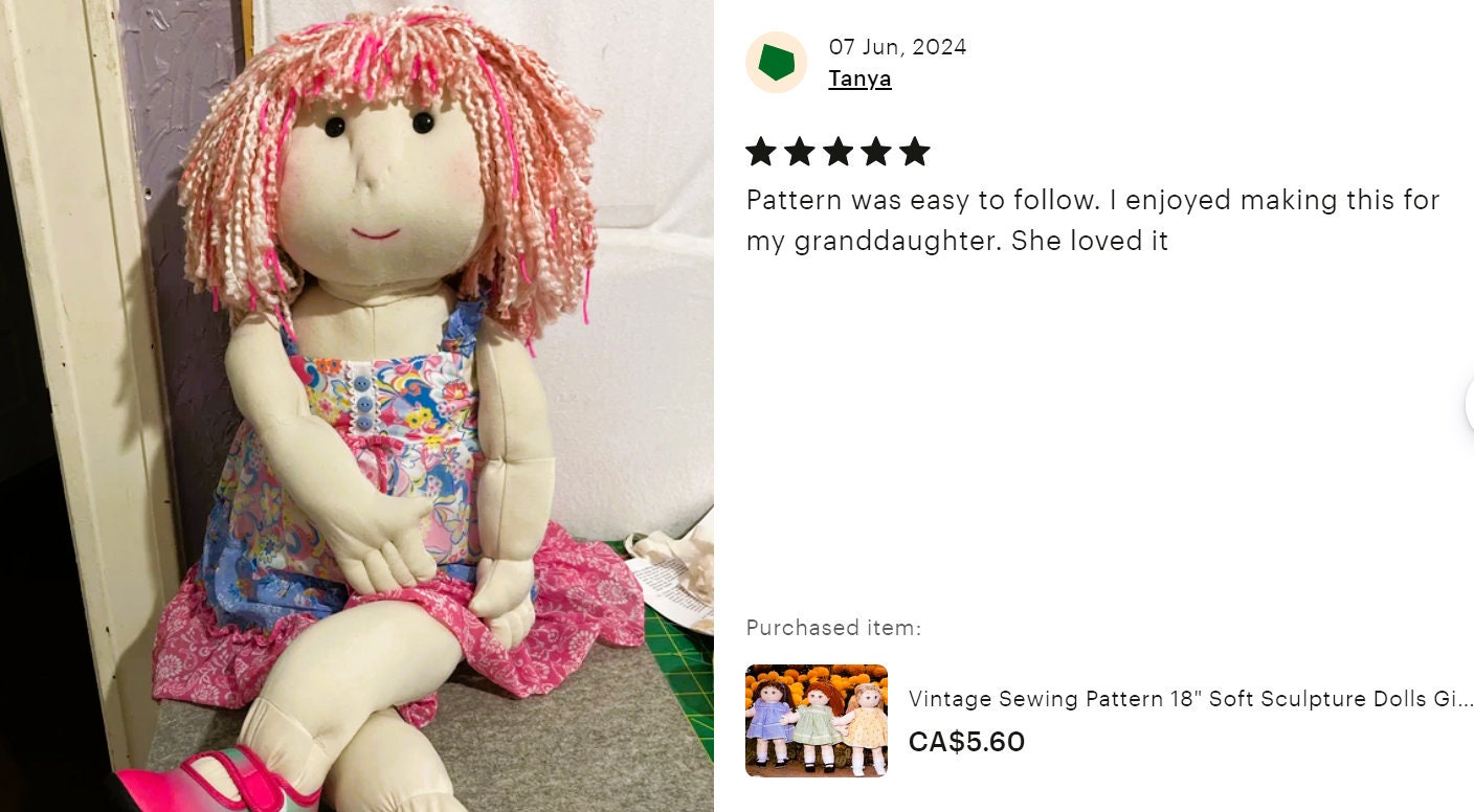 Vintage Sewing Pattern 18" Soft Sculpture Dolls Girl Dollys & Dresses PDF Instant Digital Download Plush Fabric Soft Toys Full Size Patterns