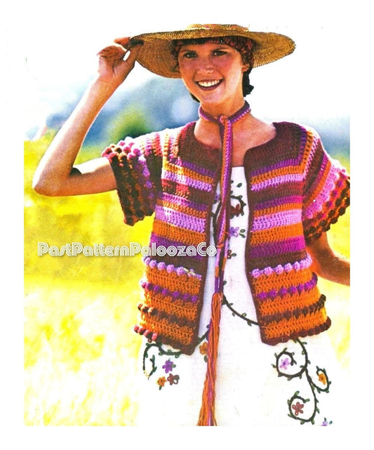 Vintage Crochet Pattern Womens Fiesta Striped Jacket Tunic Peruvian Top with Necktie Belt PDF Instant Digital Download Retro 70s Boho Summer