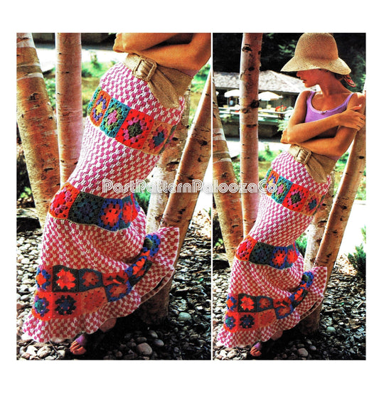Vintage Crochet Pattern Womens Gingham & Grannies Maxi Skirt Long Granny Square Ruffle Hem PDF Instant Digital Download Boho Retro 10 Ply