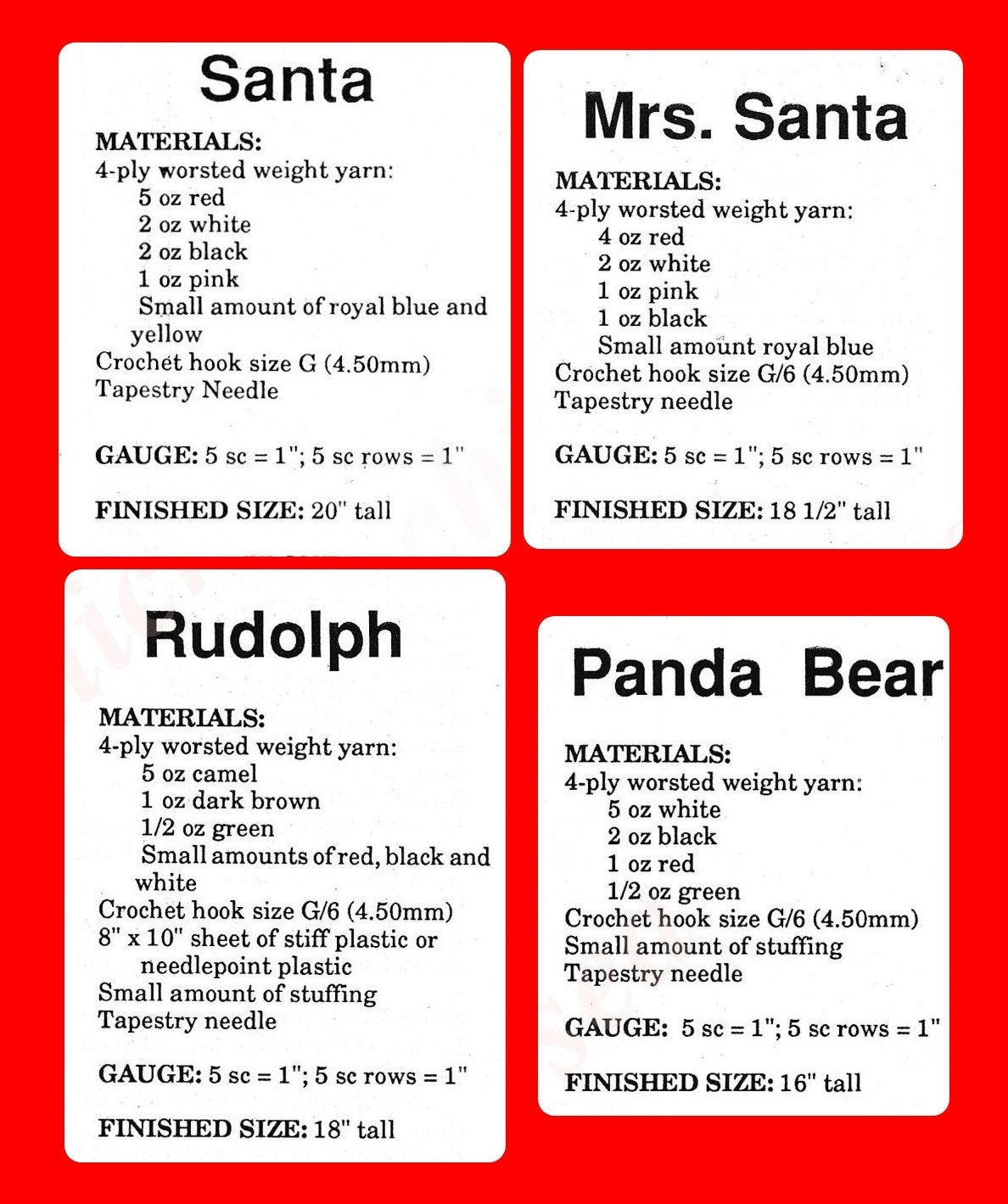 Vintage Crochet Pattern Cute Mr and Mrs Santa Claus Panda Bear Rudolph Reindeer Christmas Stockings PDF Instant Digital Download 4 Ply