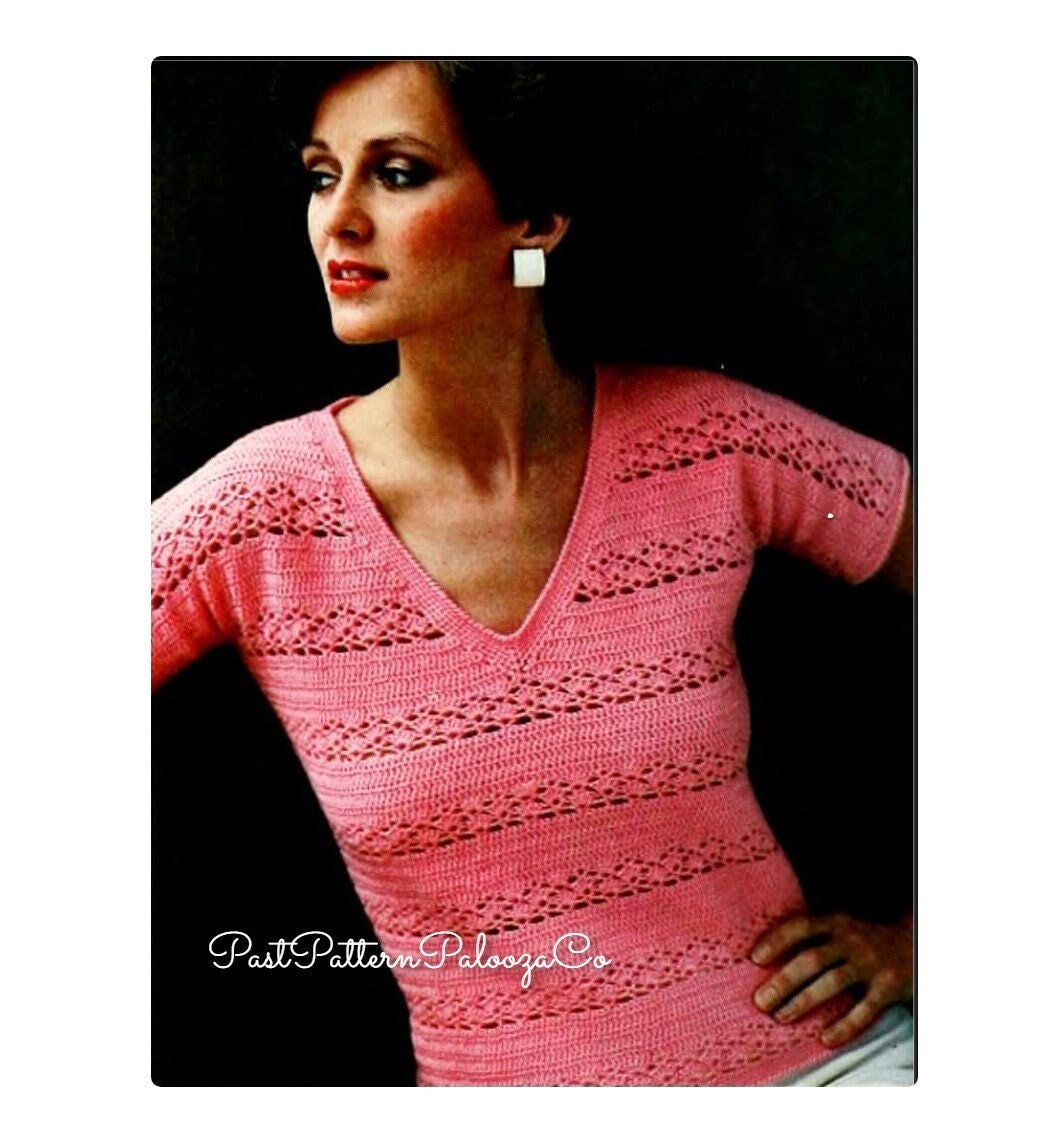 Vintage Crochet Pattern Womens Lacy V Neck Summer Tee Top PDF Instant Digital Download Pretty Retro Blouse T-Shirt 5 Ply
