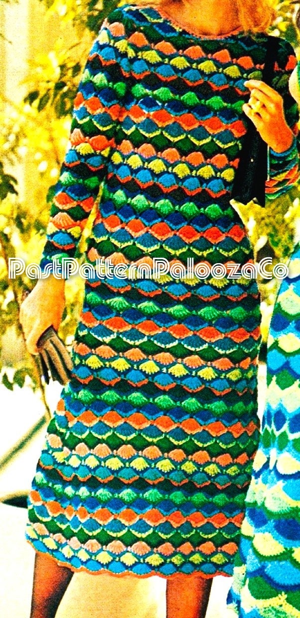 Vintage Crochet Pattern Womens Mosaic Midi Dress PDF Instant Digital Download Retro Rainbow Shells Cocktail Gown '70s Glam Maxi Midi or Mini