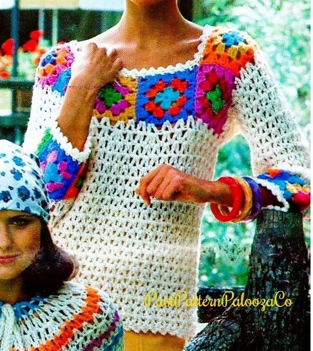 Vintage Crochet Pattern Womens Lacy Granny Square Blouse Top PDF Instant Digital Download Retro Motif Trimmed Yoke 10 Ply