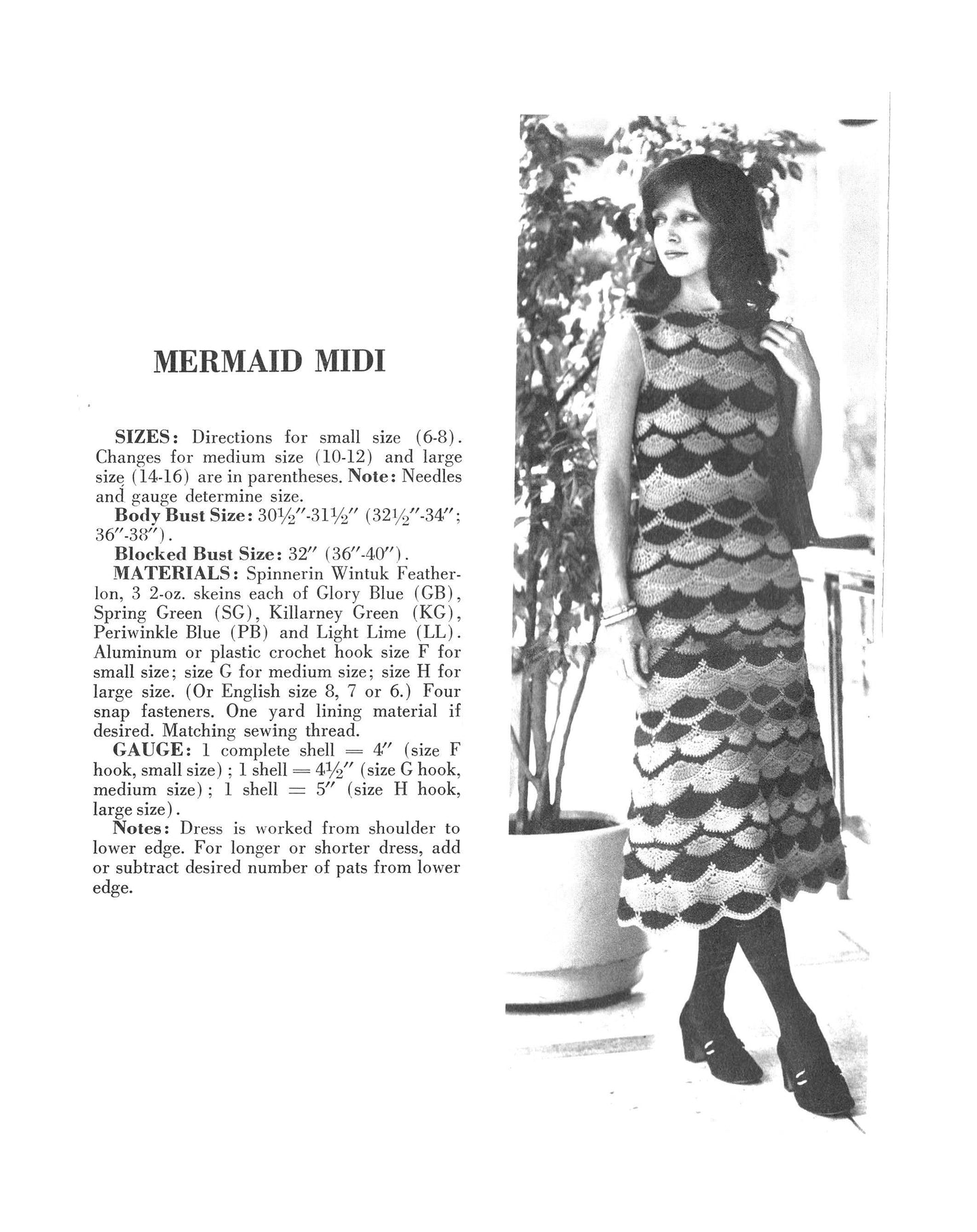 Vintage Crochet Pattern Womens Mermaid Midi Tank Dress PDF Instant Digital Download Retro Stunning Shells Scales Gown '70s Maxi Midi or Mini