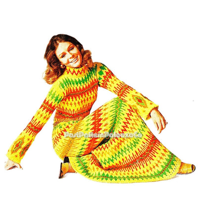 Vintage Knitting Pattern Womens Maxi Sweater Tube Dress PDF Instant Digital Download  Retro 70s Fireside Jacquard Gown