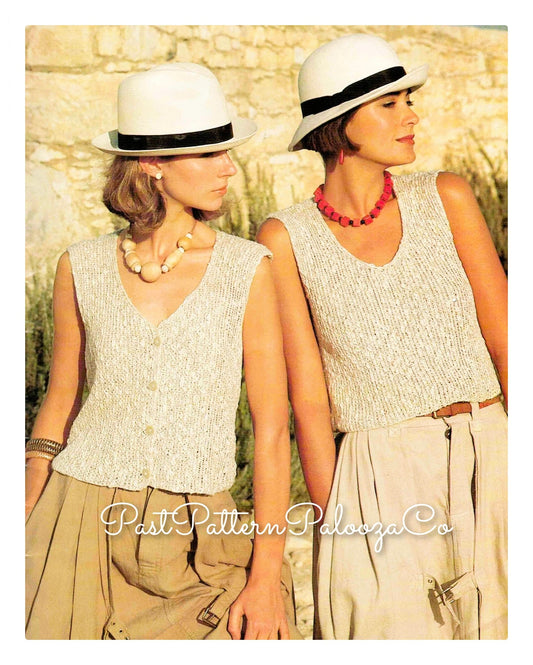 Vintage Knitting Pattern Womens Rib Top and Tank Vest Linen Look PDF Instant Digital Download Ladies Sleeveless Cardi Summer Sweaters DK
