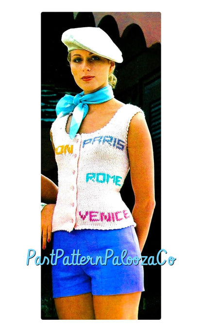 Vintage Knitting Pattern Womens Retro City Name Top Paris London Rome Venice Vest PDF Instant Digital Download 1970s Summer Tank Cardi