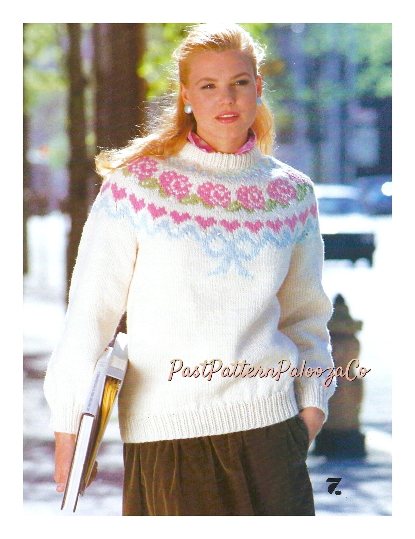 Vintage Knitting Pattern Womens Hearts & Flowers Feminine Sweater Roses Hearts Bow Yoke PDF Instant Digital Download Fairisle Pullover
