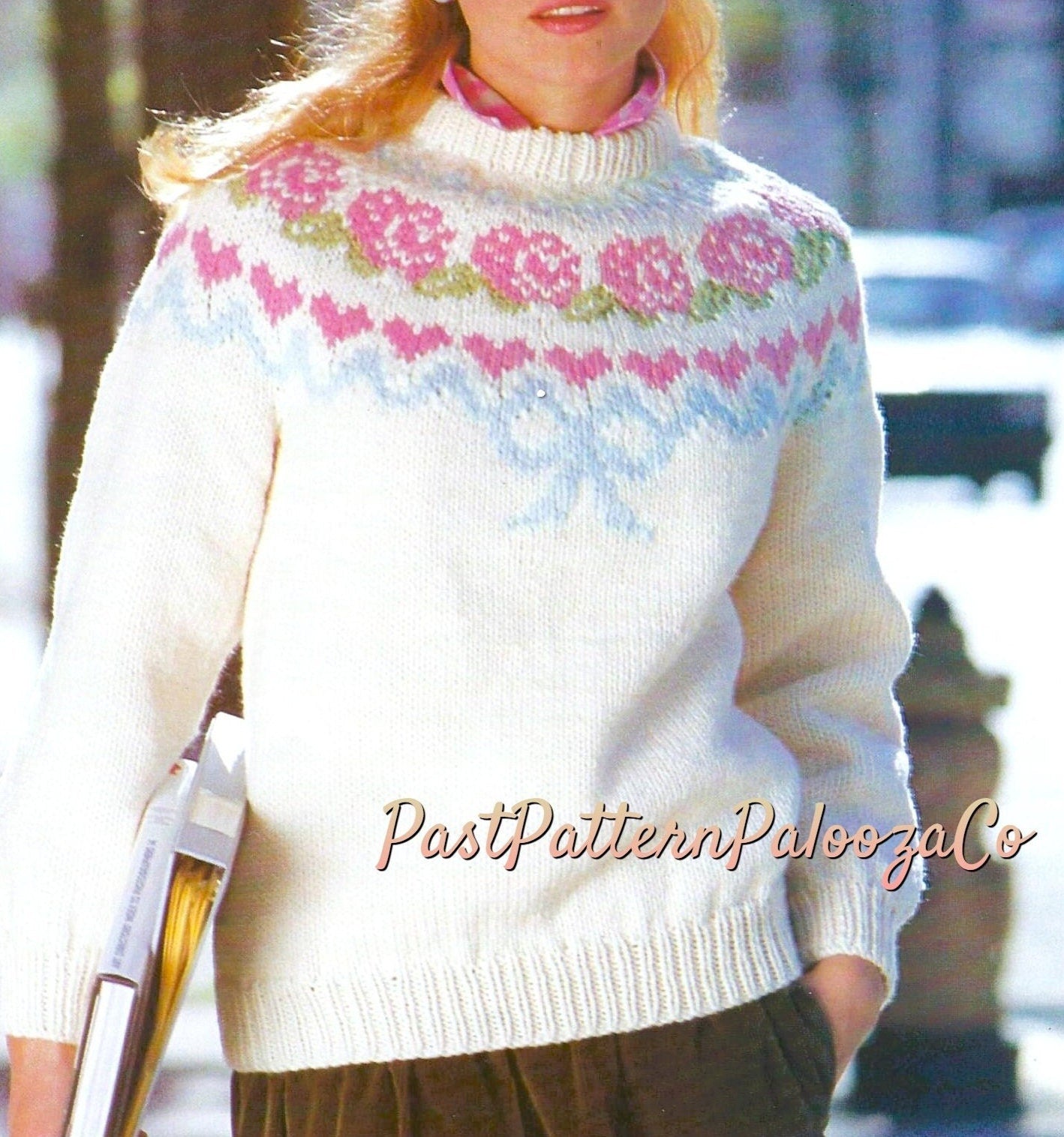 Vintage Knitting Pattern Womens Hearts & Flowers Feminine Sweater Roses Hearts Bow Yoke PDF Instant Digital Download Fairisle Pullover