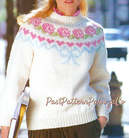 Vintage Knitting Pattern Womens Hearts & Flowers Feminine Sweater Roses Hearts Bow Yoke PDF Instant Digital Download Fairisle Pullover