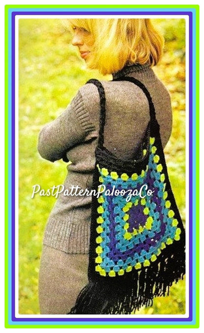 Vintage Crochet Pattern Large Granny Square Shoulder Bag Tote Hippie Chic PDF Instant Digital Download Fringed Carry All Purse 10 Ply
