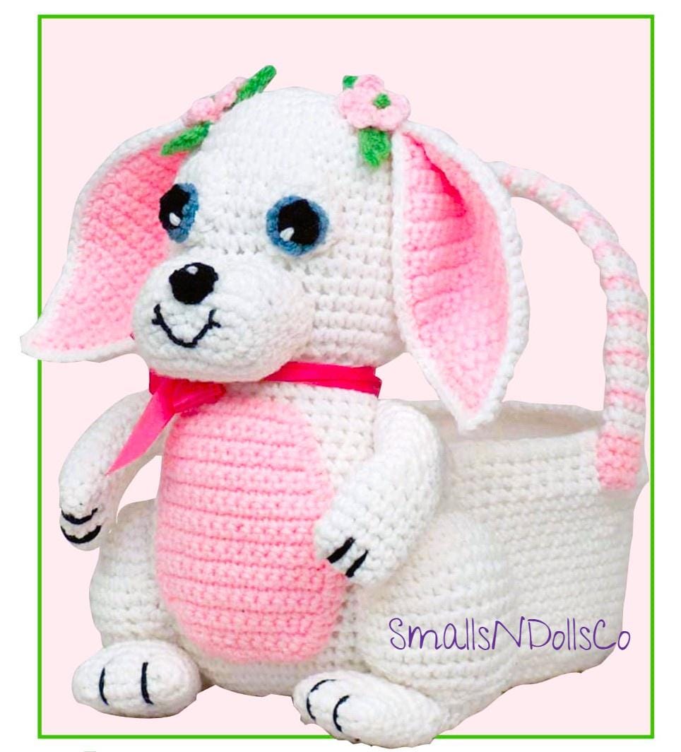 Vintage Crochet Pattern Floppy Eared Girl Bunny Basket PDF Instant Digital Download Springtime Easter Amigurumi Soft Toy Egg Holder 10 Ply