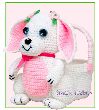 Vintage Crochet Pattern Floppy Eared Girl Bunny Basket PDF Instant Digital Download Springtime Easter Amigurumi Soft Toy Egg Holder 10 Ply