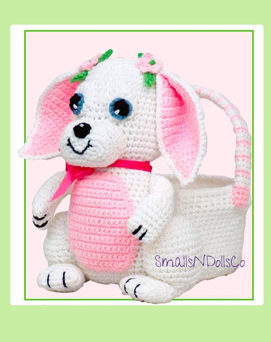 Vintage Crochet Pattern Floppy Eared Girl Bunny Basket PDF Instant Digital Download Springtime Easter Amigurumi Soft Toy Egg Holder 10 Ply