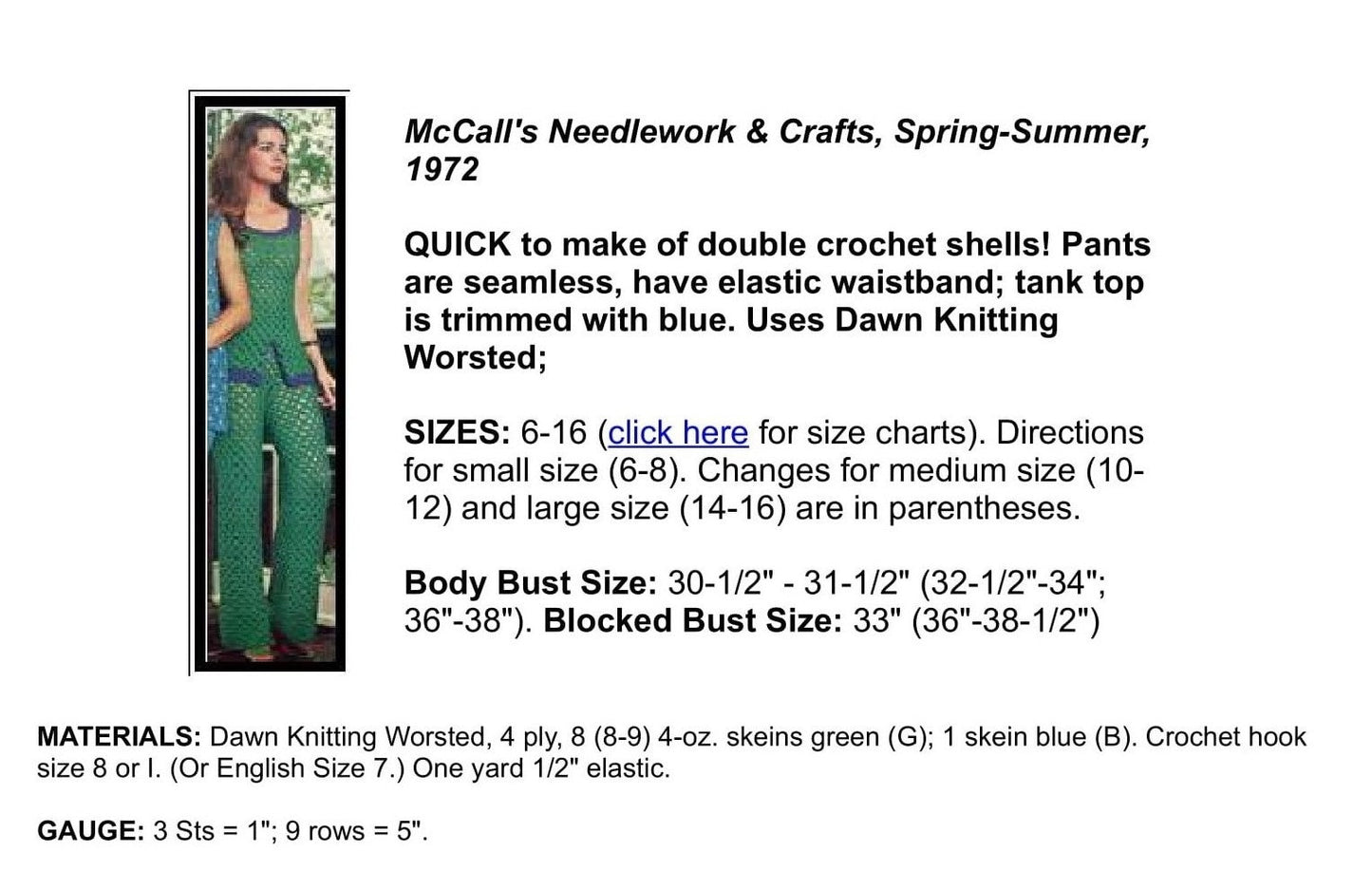 Vintage Crochet Pattern Lacy Tank Trouser Suit Pantsuit Outfit PDF Instant Digital Download 70s Boho Patio Set Summer Shells Pant Suit