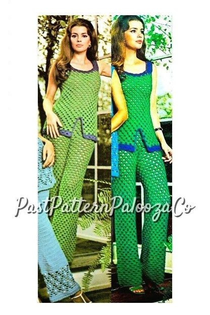 Vintage Crochet Pattern Lacy Tank Trouser Suit Pantsuit Outfit PDF Instant Digital Download 70s Boho Patio Set Summer Shells Pant Suit