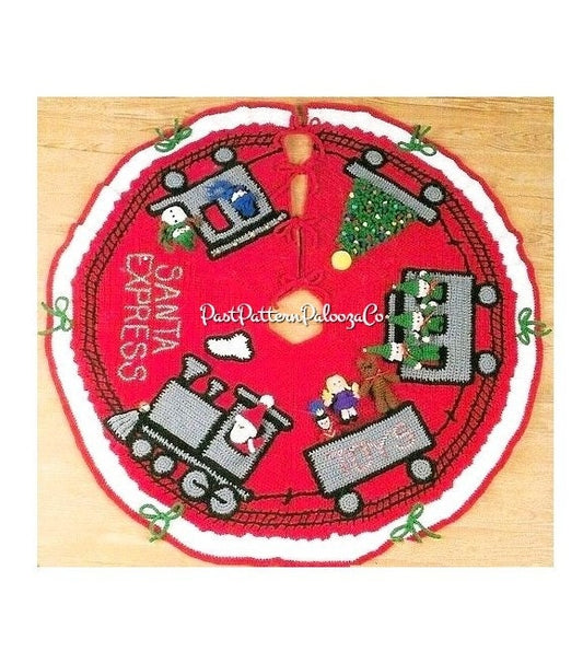 Vintage Christmas Tree Skirt Crochet Pattern 42" Santa Express Choo Choo Train PDF Instant Digital Download 10 Ply