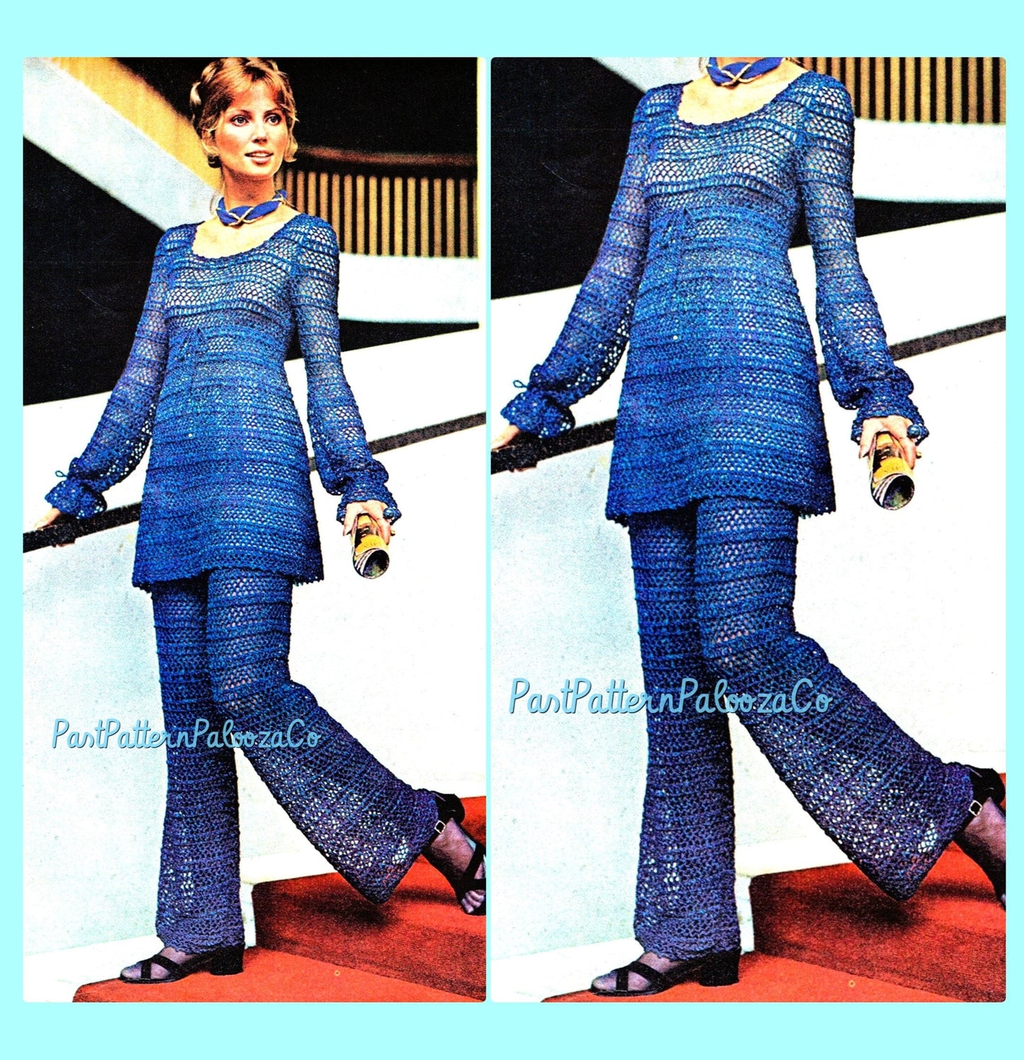 Vintage Crochet Pattern Ladies Lacy Empire Waist Tunic Top Trousers Pant Suit Set PDF Instant Digital Download Boho Dressy Evening Pantsuit