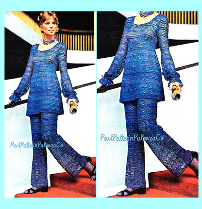 Vintage Crochet Pattern Ladies Lacy Empire Waist Tunic Top Trousers Pant Suit Set PDF Instant Digital Download Boho Dressy Evening Pantsuit