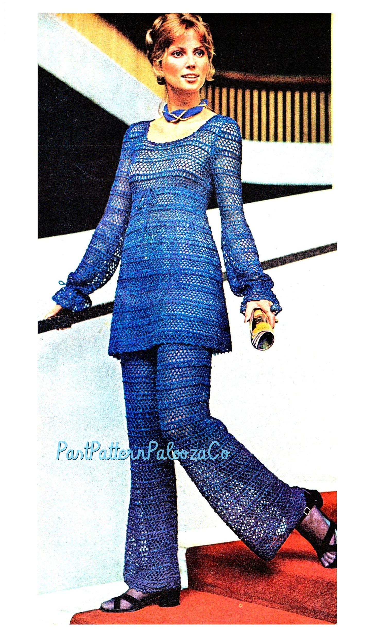 Vintage Crochet Pattern Ladies Lacy Empire Waist Tunic Top Trousers Pant Suit Set PDF Instant Digital Download Boho Dressy Evening Pantsuit