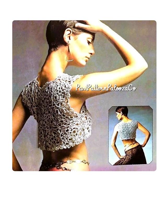 Vintage Crochet Pattern Womens Dressy Granny Square Crop Top PDF Instant Digital Download Retro Boho Chic Bolero Cardi Metallic 4 Ply