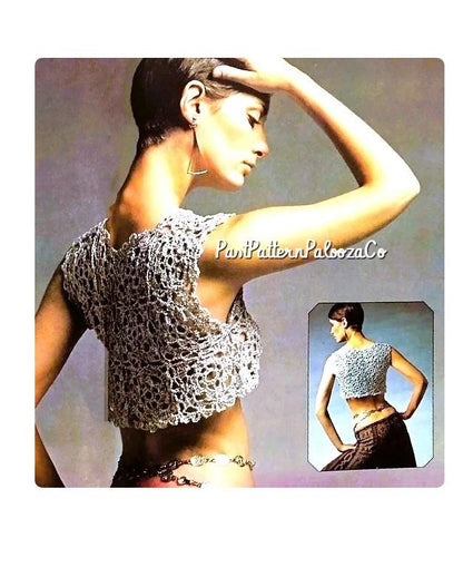 Vintage Crochet Pattern Womens Dressy Granny Square Crop Top PDF Instant Digital Download Retro Boho Chic Bolero Cardi Metallic 4 Ply