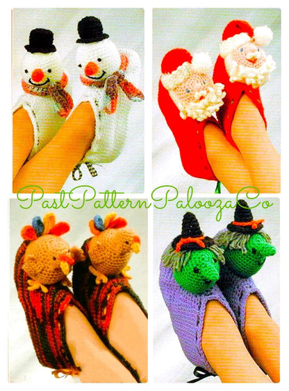 Vintage Crochet Pattern Womens Cute Holiday Slippers 4 Festive Designs PDF Instant Digital Download Christmas Halloween Thanksgiving