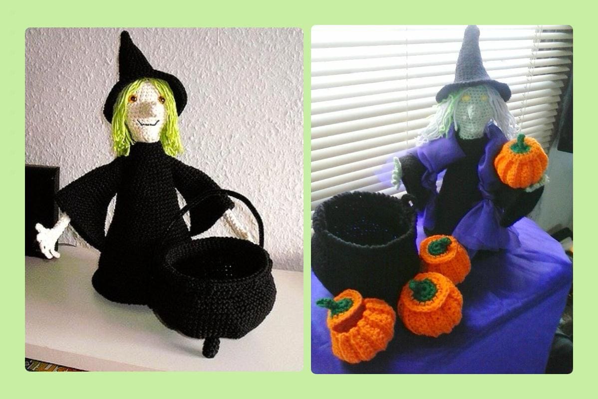 Vintage Crochet Pattern Halloween 14" Witch Doll with Cauldron & Pumpkin Candy Holders PDF Instant Digital Download