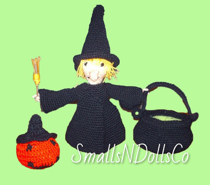 Vintage Crochet Pattern Halloween 14" Witch Doll with Cauldron & Pumpkin Candy Holders PDF Instant Digital Download