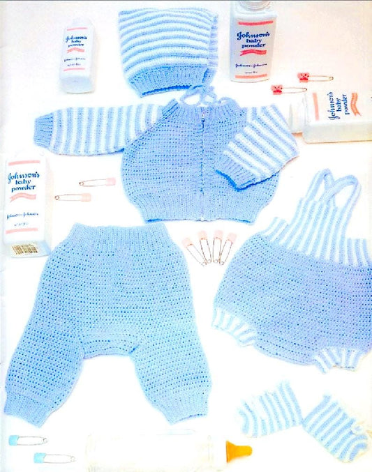 Vintage Crochet Pattern Baby Boy Blue Striped 5 piece Play Set PDF Instant Digital Download Jacket Rompers Pants Hat Booties 5 Ply 0-6m