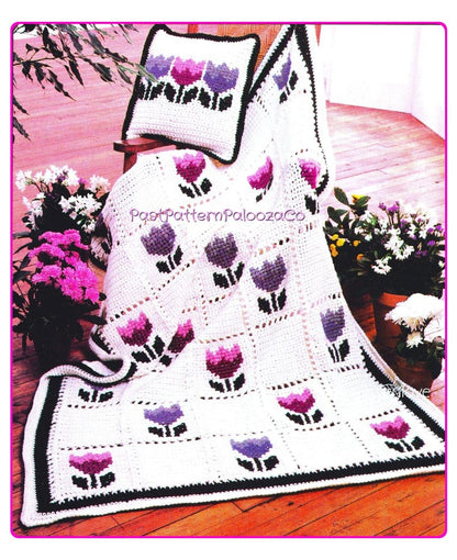 Vintage Crochet Tulip Squares Afghan Pattern PDF Instant Digital Download Cross Stitch flowers over Single Crochet Throw Blanket 12 Ply