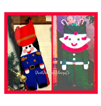 Vintage Crochet Pattern Retro Elf and Nutcracker Toy Soldier Christmas Stockings PDF Instant Digital Download 4 Ply