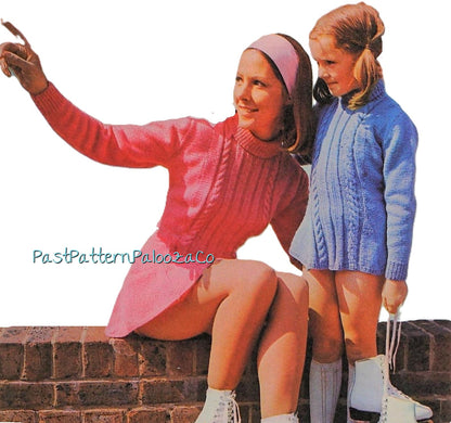 Vintage Knitting Pattern Womens Girls Pretty Cabled Ice Skating Dress PDF Instant Digital Download Mother Daughter Figure Skaters Outfits DK