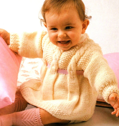 Vintage Knitting Pattern Baby to Toddler Girl Dress With Cabled Yoke PDF Instant Digital Download Sleeveless 9 Months - 2 Years 12 Ply