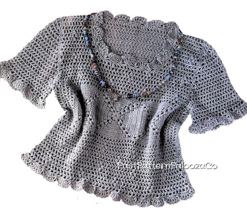 Vintage Crochet Pattern Womens Lacy Mesh Shell Top PDF Instant Digital Download Short Sleeved Cotton Puff Shell Stitch 5 Ply