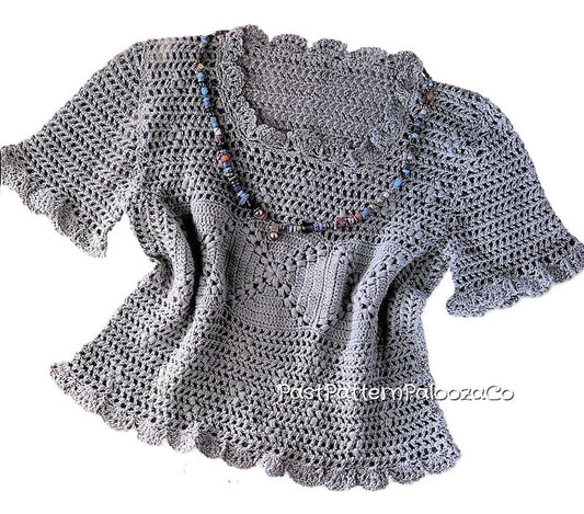 Vintage Crochet Pattern Womens Lacy Mesh Shell Top PDF Instant Digital Download Short Sleeved Cotton Puff Shell Stitch 5 Ply