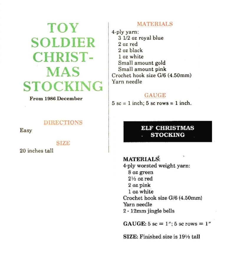 Vintage Crochet Pattern Retro Elf and Nutcracker Toy Soldier Christmas Stockings PDF Instant Digital Download 4 Ply