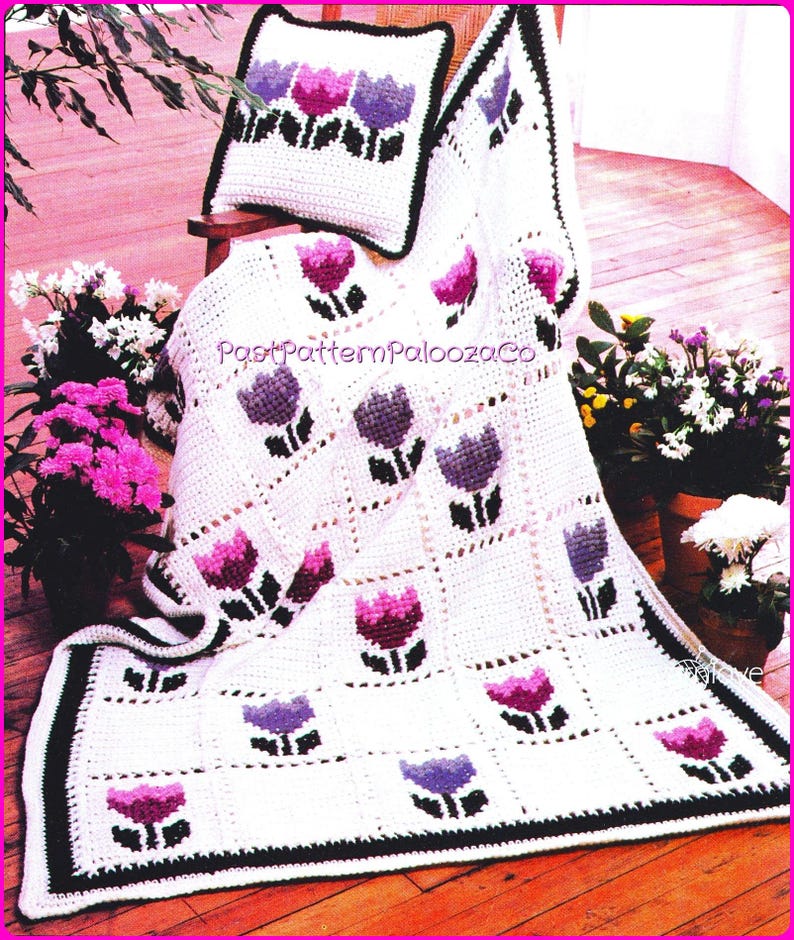 Vintage Crochet Tulip Squares Afghan Pattern PDF Instant Digital Download Cross Stitch flowers over Single Crochet Throw Blanket 12 Ply