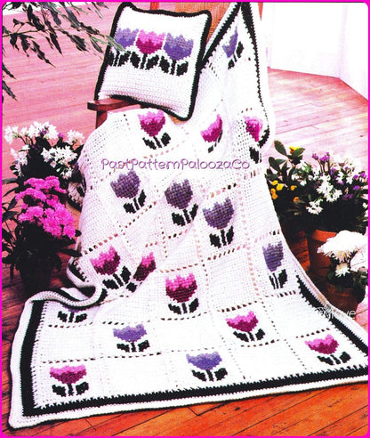 Vintage Crochet Tulip Squares Afghan Pattern PDF Instant Digital Download Cross Stitch flowers over Single Crochet Throw Blanket 12 Ply