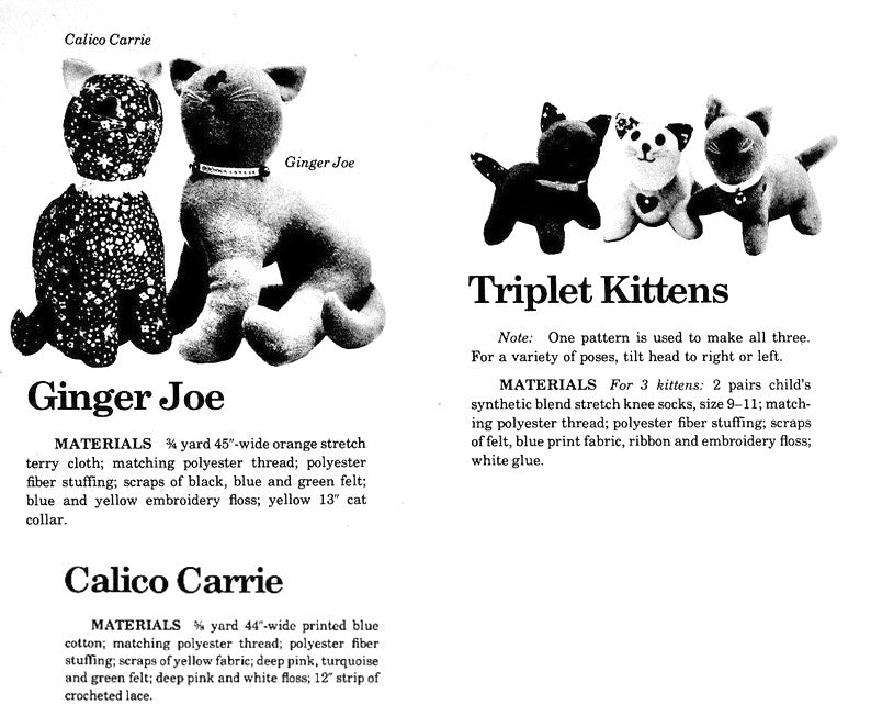 Vintage Sewing Pattern Kitty Cat Family Ginger Joe Calico Carrie Triplet Sock Kittens Soft Fabric Toy Dolls PDF Instant Digital Download