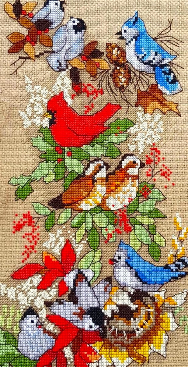 Vintage Cross Stitch Pattern 16" Heirloom Winter Forest Birds Christmas Stocking PDF Instant Digital Download Partridge Cardinal Blue Jay