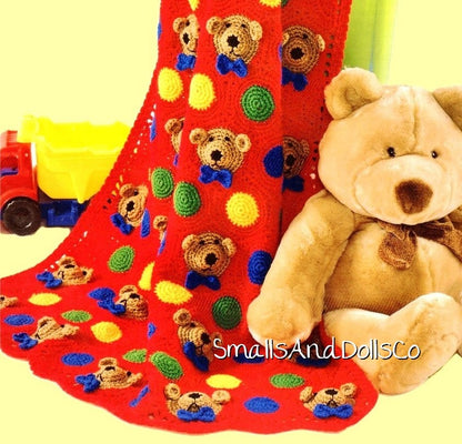 Vintage Crochet Pattern Teddy Bear Faces Motifs Afghan PDF Instant Digital Download Bears & Dots Throw Blanket 43x60 10 Ply