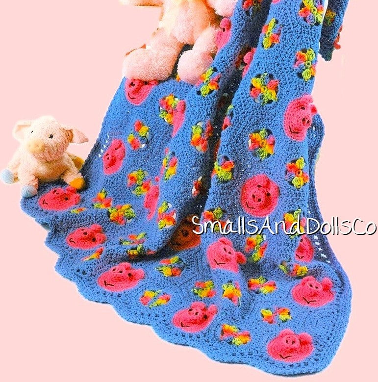Vintage Crochet Pattern Pigs & Posies Afghan Kids Toddler PDF Instant Digital Download Piggy Faces Motifs Flower Granny Square Blanket 43x60