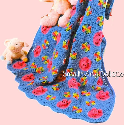 Vintage Crochet Pattern Pigs & Posies Afghan Kids Toddler PDF Instant Digital Download Piggy Faces Motifs Flower Granny Square Blanket 43x60