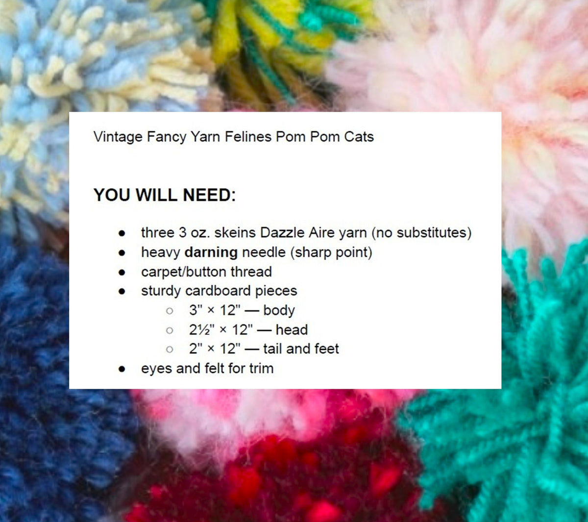 Vintage Pom Pom Cat Pattern 12" Fancy Yarn Felines 1970s PDF Instant Digital Download