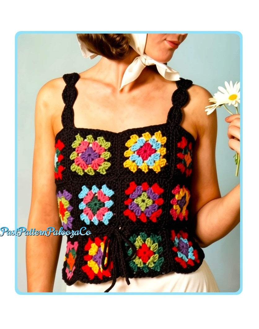 Vintage Crochet Pattern Retro Granny Square Camisole Top PDF Instant Digital Download Shell Strap Summer Tank