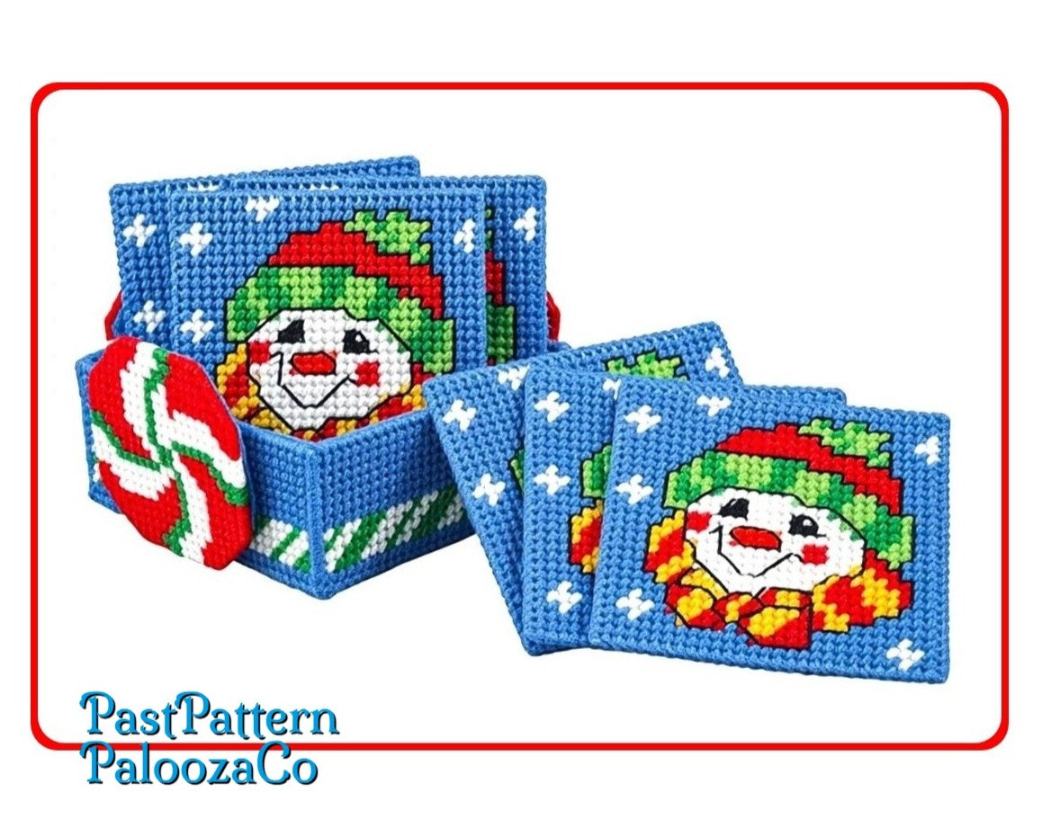 Vintage Christmas Plastic Canvas Pattern Frosty The Snowman Drink Coasters and Holder Set PDF Instant Digital Download
