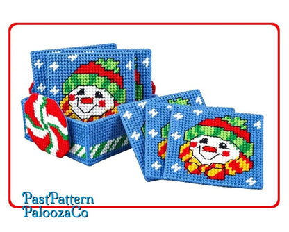 Vintage Christmas Plastic Canvas Pattern Frosty The Snowman Drink Coasters and Holder Set PDF Instant Digital Download