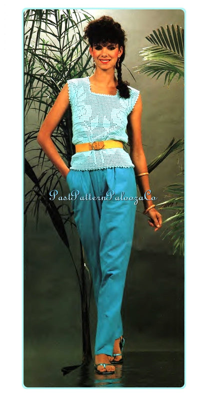 Vintage Filet Crochet Lace Rose Tank Top Pattern Retro Floral Romantic Camisole PDF Instant Digital Download Flower Summer Blouse 4 Ply